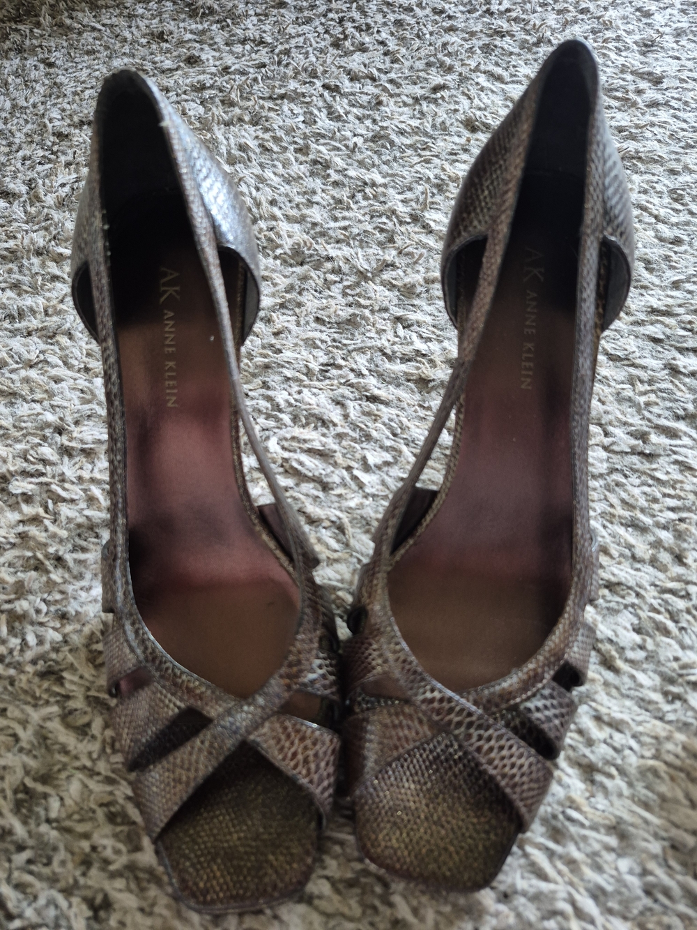 Anne Klein Taupe Snakeskin Peep-Toe Heels
